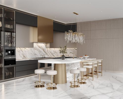 Interior, Kitchen, Marble, Marble Walls, Pendant Lights, Recessed Lighting