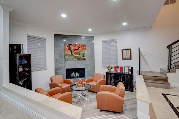 Fireplace, Interior, Living room, Recessed Lighting, Wood Texture Flooring