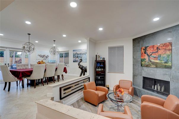 Dining room, Fireplace, Interior, Living room, Pendant Lights, Recessed Lighting