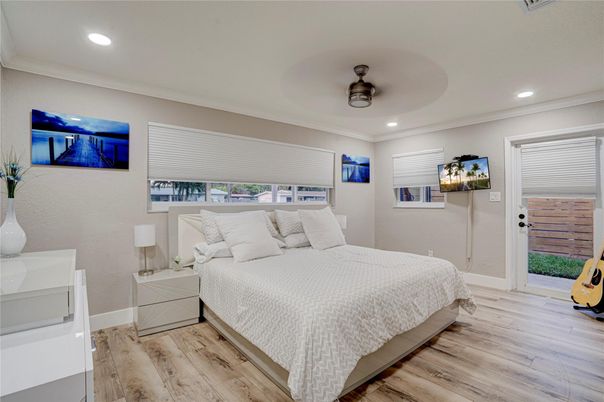 Bedroom, Interior, Recessed Lighting, Wood Texture Flooring
