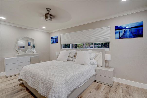 Bedroom, Interior, Recessed Lighting, Wood Texture Flooring