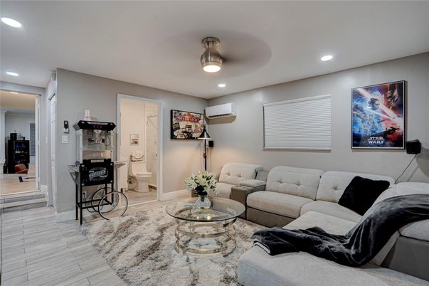 Bathroom, Interior, Living room, Recessed Lighting, Wood Texture Flooring
