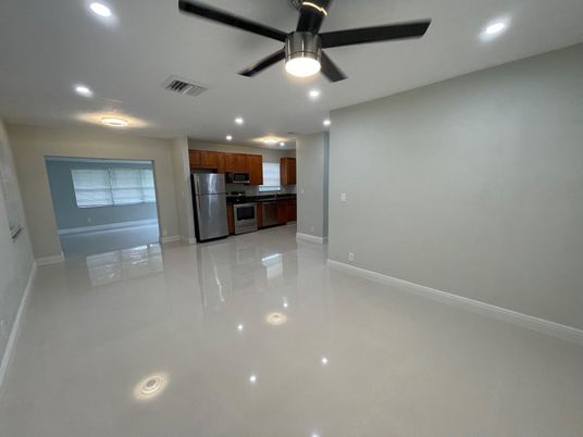 Empty room, Interior, Kitchen, Recessed Lighting, Stainless Steel Appliances
