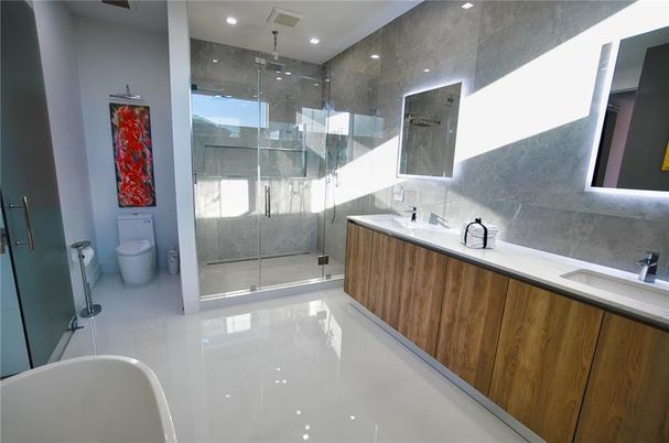 Bathroom, Dual Sink Vanities, Glass Shower, Interior, Recessed Lighting