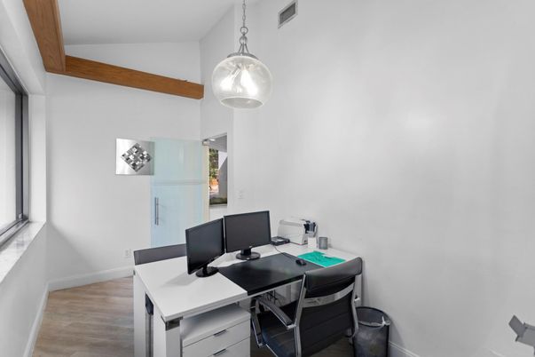 Home Office, Interior, Pendant Lights, Wooden Beams, Wood Texture Flooring