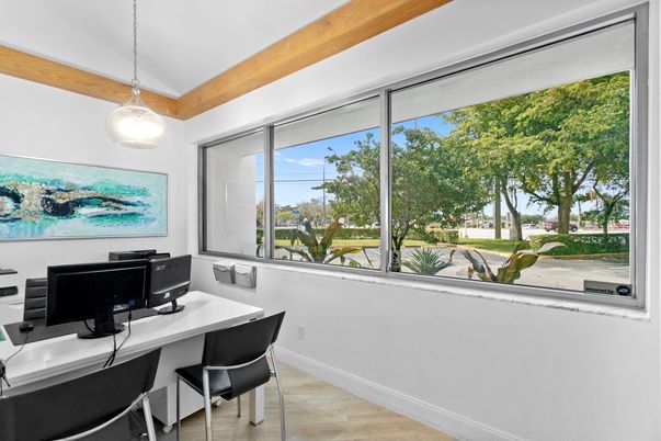 Home Office, Interior, Pendant Lights, Wooden Beams, Wood Texture Flooring