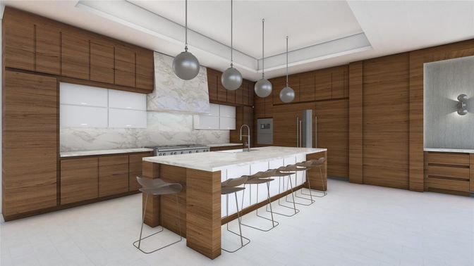 Interior, Kitchen, Marble Walls, Pendant Lights, Stainless Steel Appliances