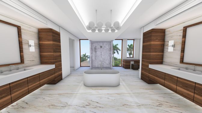 Bathroom, Dual Sink Vanities, Free Standing Baths, Interior, Marble, Marble Walls, Pendant Lights, Wooden Walls