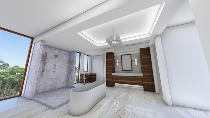 Bathroom, Free Standing Baths, Interior, Marble, Marble Walls, Wooden Walls