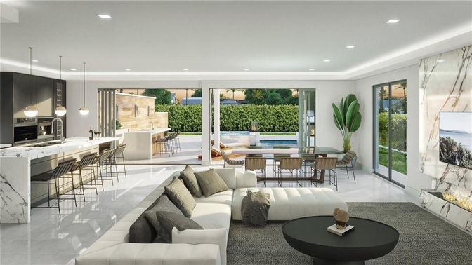 Dining room, Fireplace, Interior, Kitchen, Living room, Pendant Lights, Recessed Lighting
