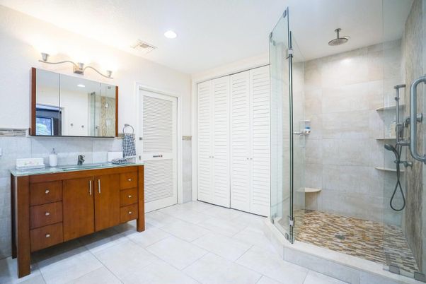 Bathroom, Glass Shower, Interior, Recessed Lighting