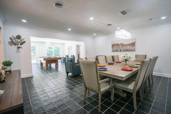 Billiard Table, Chandelier, Dining room, Game Room, Interior, Living room, Recessed Lighting