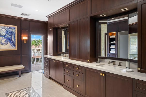 Bathroom, Dual Sink Vanities, Interior, Recessed Lighting, Wooden Walls