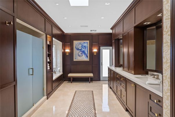 Bathroom, Dual Sink Vanities, Interior, Recessed Lighting, Wooden Walls