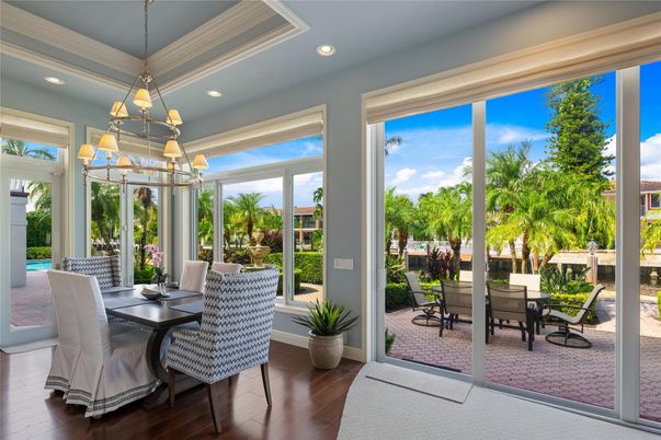 Chandelier, Dining room, Interior, Recessed Lighting, Sun Room, Wood Texture Flooring