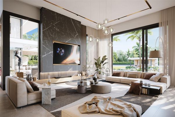 Interior, Living room, Marble Walls, Pendant Lights
