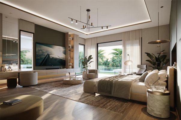 Bedroom, Interior, Pendant Lights, Wood Texture Flooring
