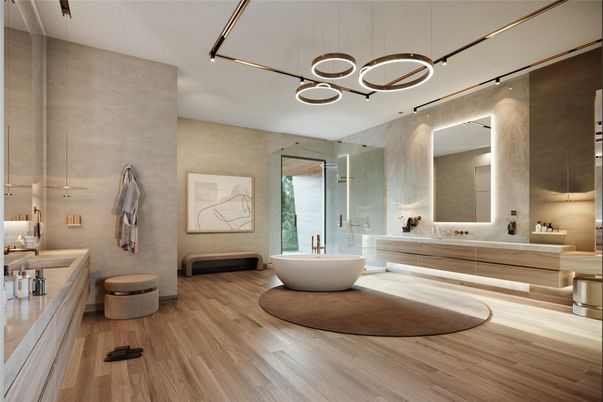 Bathroom, Free Standing Baths, Interior, Pendant Lights, Wood Texture Flooring