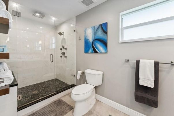 Bathroom, Glass Shower, Interior, Marble Walls, Recessed Lighting