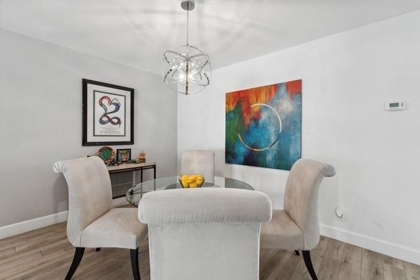 Dining room, Interior, Pendant Lights, Wood Texture Flooring