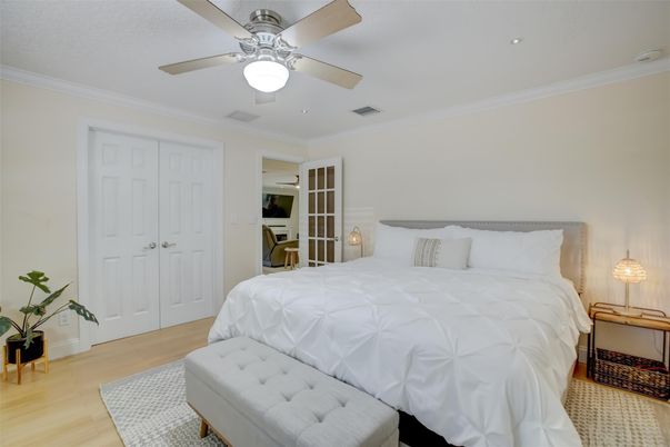 Bedroom, Interior, Recessed Lighting, Wood Texture Flooring