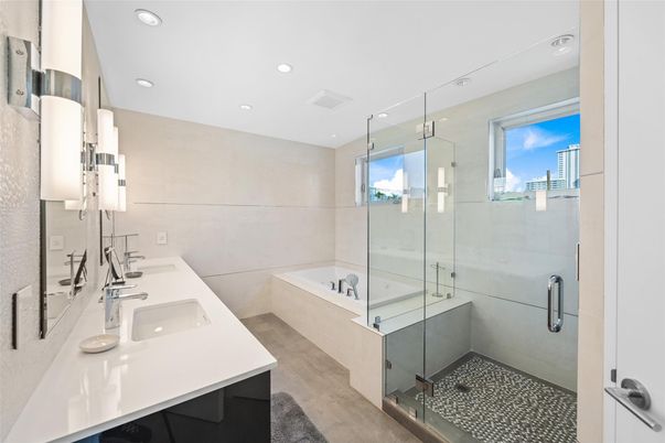Bathroom, Dual Sink Vanities, Glass Shower, Interior, Recessed Lighting, Wood Texture Flooring