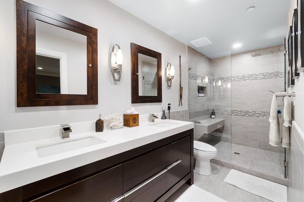 Bathroom, Dual Sink Vanities, Glass Shower, Interior, Recessed Lighting