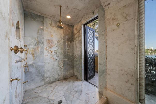 Bathroom, Glass Shower, Interior, Marble, Marble Walls, Recessed Lighting