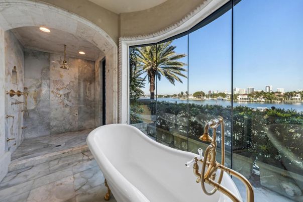 Bathroom, Free Standing Baths, Glass Shower, Interior, Recessed Lighting, Water