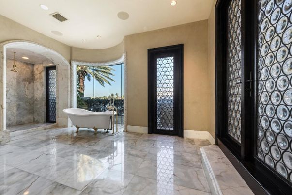 Bathroom, Free Standing Baths, Glass Shower, Interior, Marble, Marble Walls, Recessed Lighting