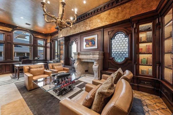 Chandelier, Fireplace, Interior, Living room, Piano, Recessed Lighting