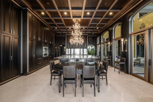 Chandelier, Dining room, Interior, Kitchen, Recessed Lighting, Wooden Beams, Wooden Ceilings