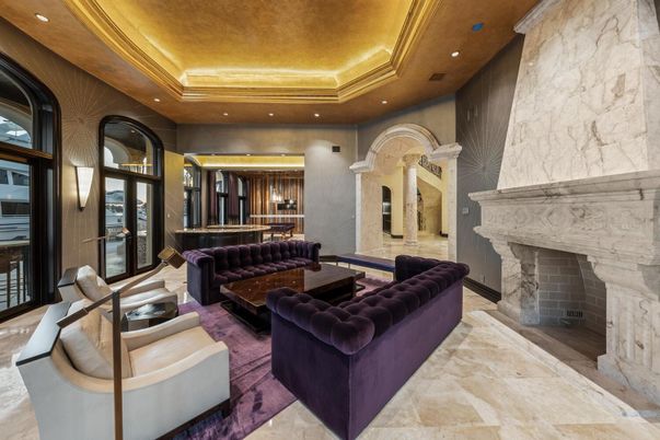 Fireplace, Interior, Living room, Recessed Lighting, Stone Walls