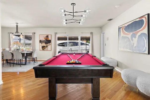 Billiard Table, Game Room, Interior, Pendant Lights, Wood Texture Flooring