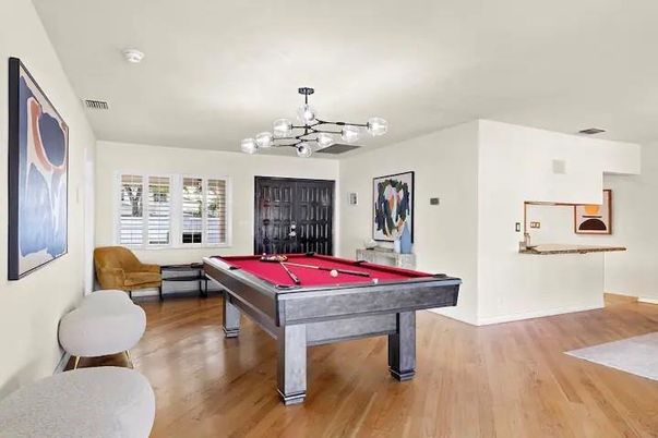 Billiard Table, Chandelier, Game Room, Interior, Pendant Lights, Wood Texture Flooring