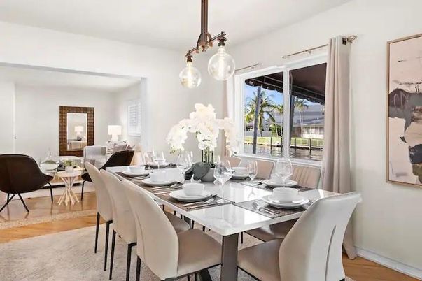 Dining room, Interior, Pendant Lights, Wood Texture Flooring