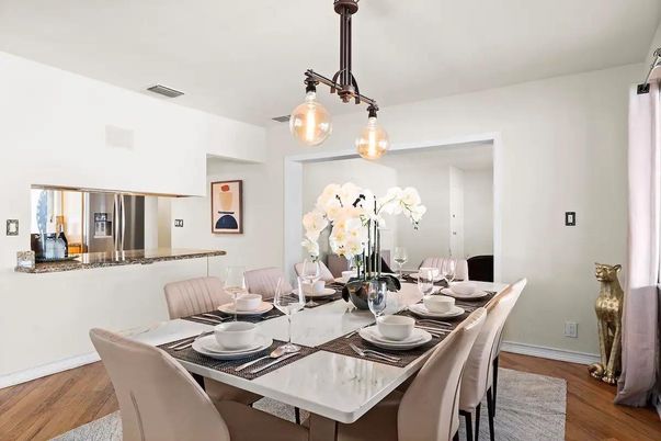 Dining room, Interior, Kitchen, Pendant Lights, Stainless Steel Appliances, Wood Texture Flooring