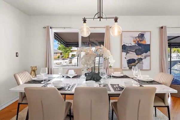 Dining room, Interior, Pendant Lights, Wood Texture Flooring