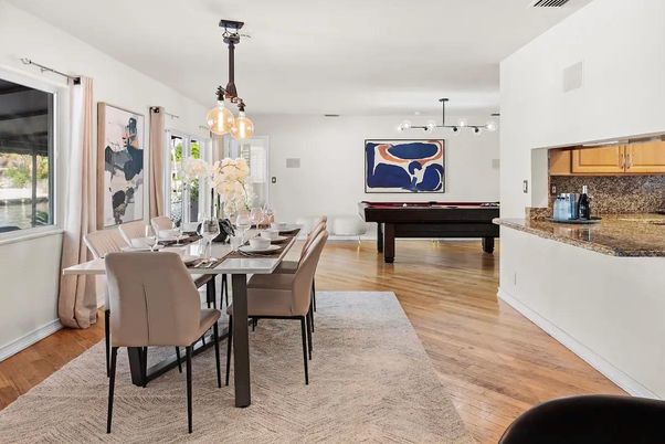 Billiard Table, Dining room, Game Room, Interior, Pendant Lights, Wood Texture Flooring