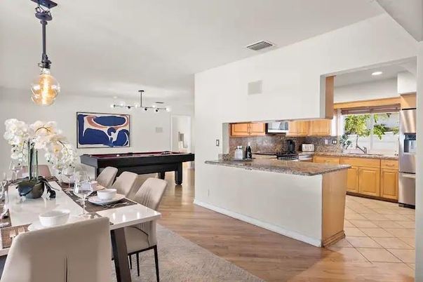 Billiard Table, Interior, Kitchen, Pendant Lights, Recessed Lighting, Wood Texture Flooring