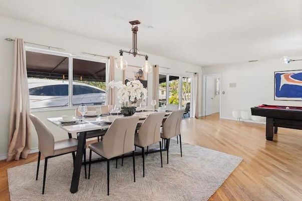 Billiard Table, Dining room, Game Room, Interior, Pendant Lights, Wood Texture Flooring