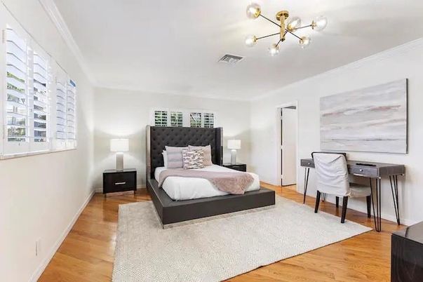 Bedroom, Home Office, Interior, Pendant Lights, Wood Texture Flooring
