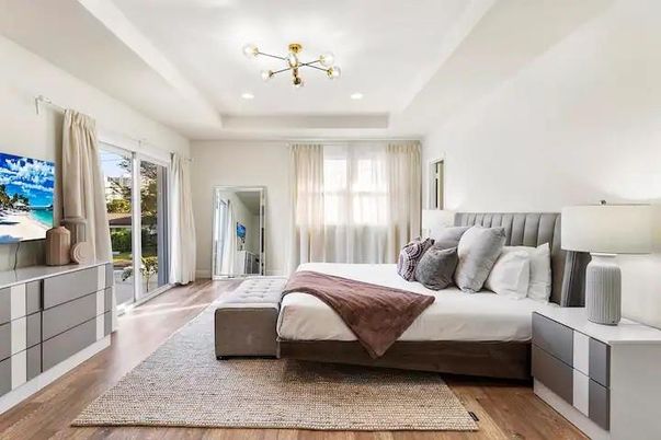 Bedroom, Interior, Pendant Lights, Recessed Lighting, Wood Texture Flooring
