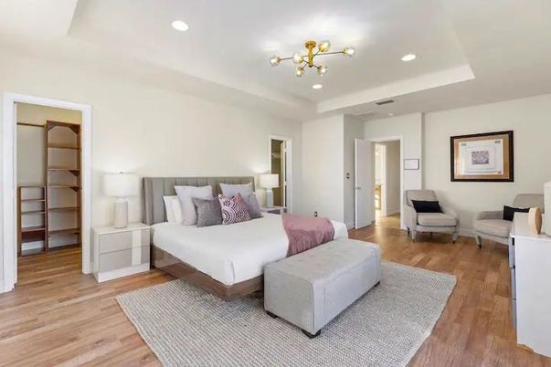 Bedroom, Interior, Recessed Lighting, Wood Texture Flooring