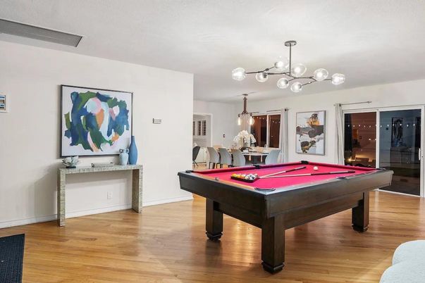 Billiard Table, Game Room, Interior, Pendant Lights, Wood Texture Flooring