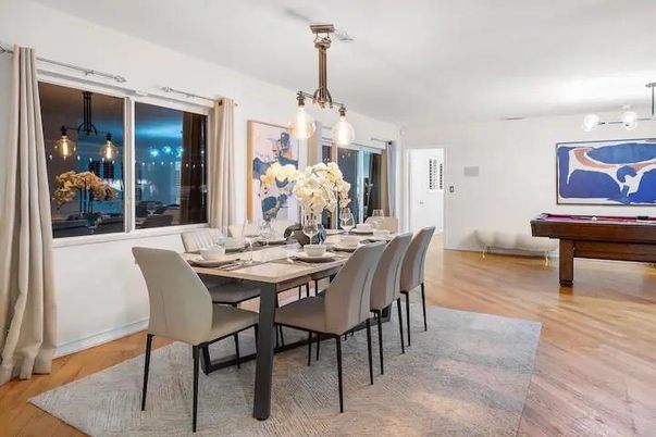 Billiard Table, Dining room, Game Room, Interior, Pendant Lights, Wood Texture Flooring