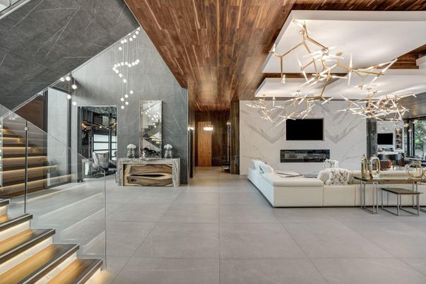 Fireplace, Interior, Marble Walls, Pendant Lights, Wooden Ceilings