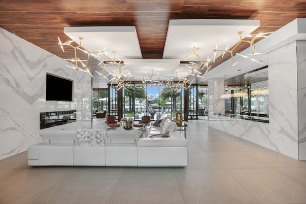Interior, Living room, Marble Walls, Pendant Lights, Wooden Ceilings