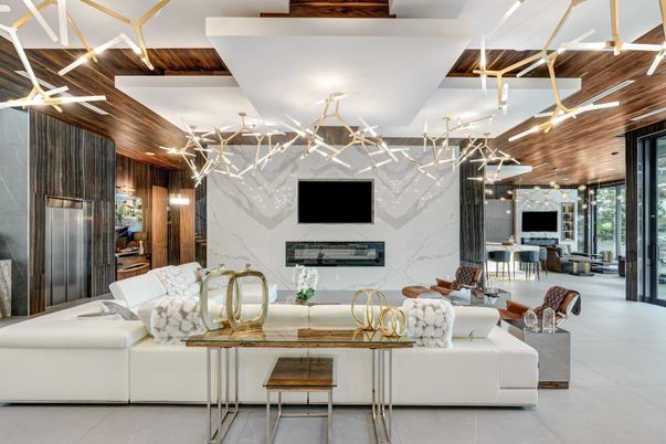 Dining room, Fireplace, Interior, Kitchen, Living room, Marble Walls, Pendant Lights, Wooden Ceilings, Wooden Walls