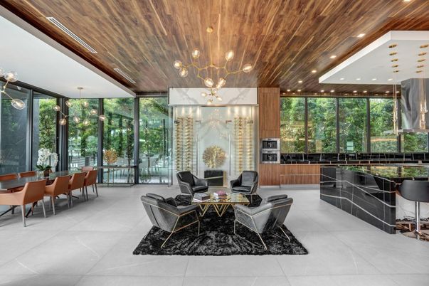 Dining room, Interior, Living room, Pendant Lights, Recessed Lighting, Wooden Ceilings